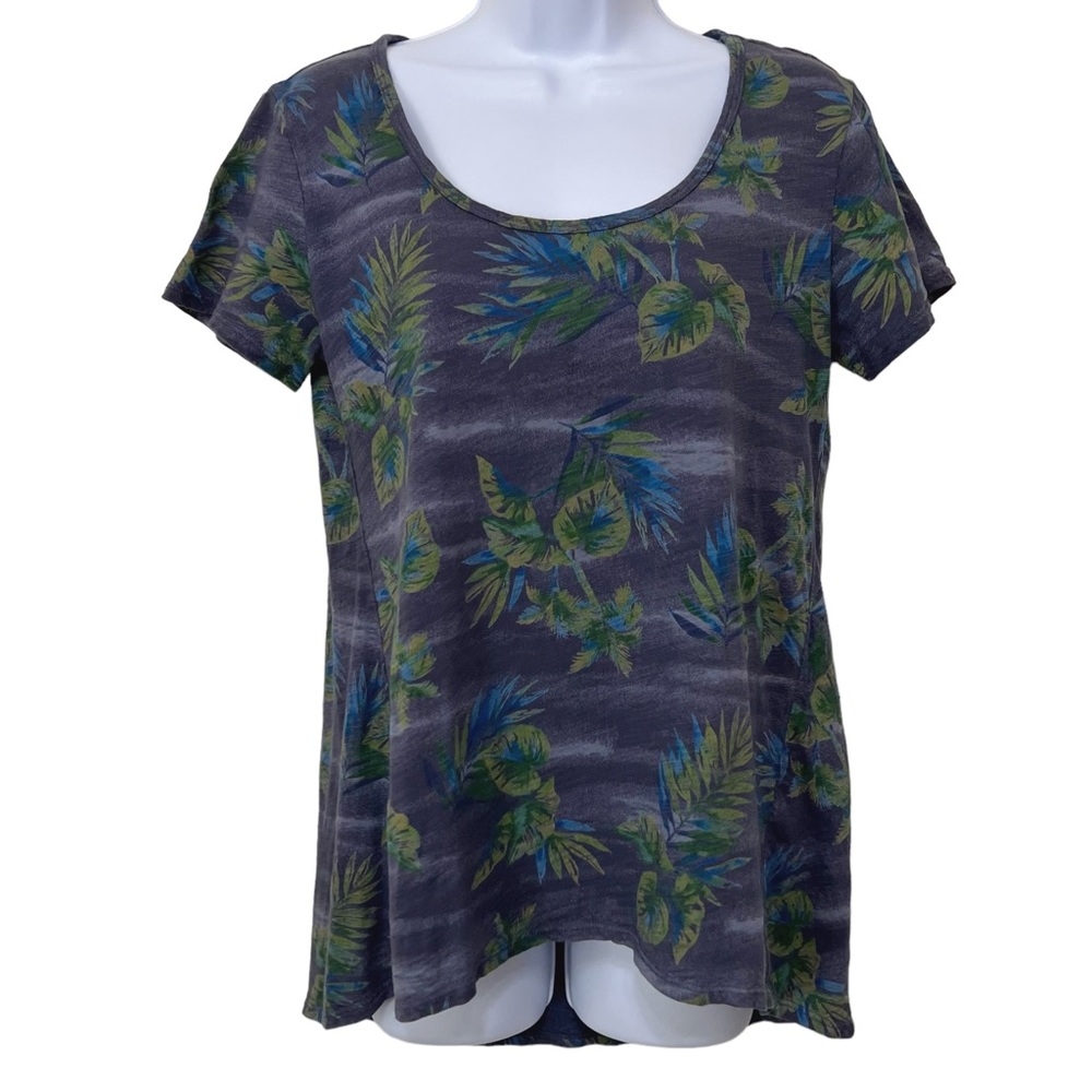 Fresh Produce Tropical Hawaiian Cotton Tee Womens S Blue Leaf Print Resortwear